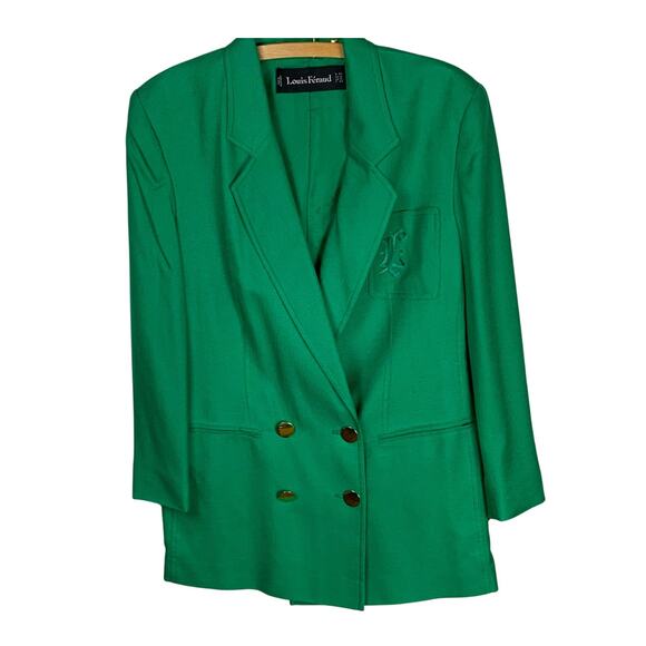 Louis Feraud Vintage 80's Bright Green Boxy Double Breasted Long Blazer Size 12 - Picture 1 of 8
